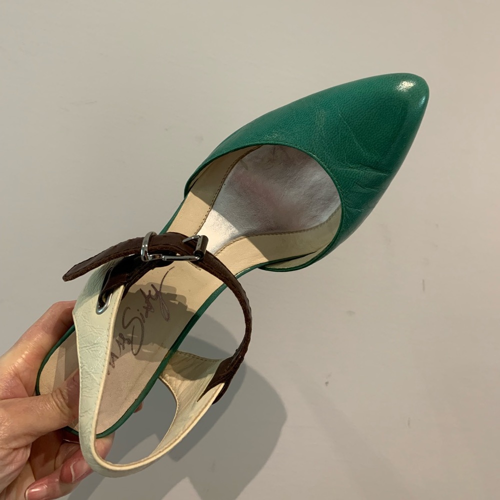 Vintage Style Green Pointed Toe Heels Ankle Strap Colorblock Pumps Size 6 - Picture 3 of 15